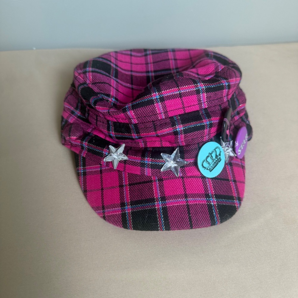 Vintage Y2K Scene Hat Pink Black Plaid Cadet Cap Star Studs Pins Mall Goth Emo